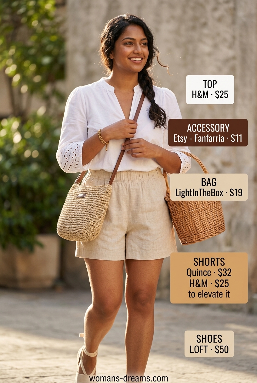 Summer outfits for women with brown hair 2026: Beige linen shorts, white peasant blouse, straw bag for casual beach stroll.