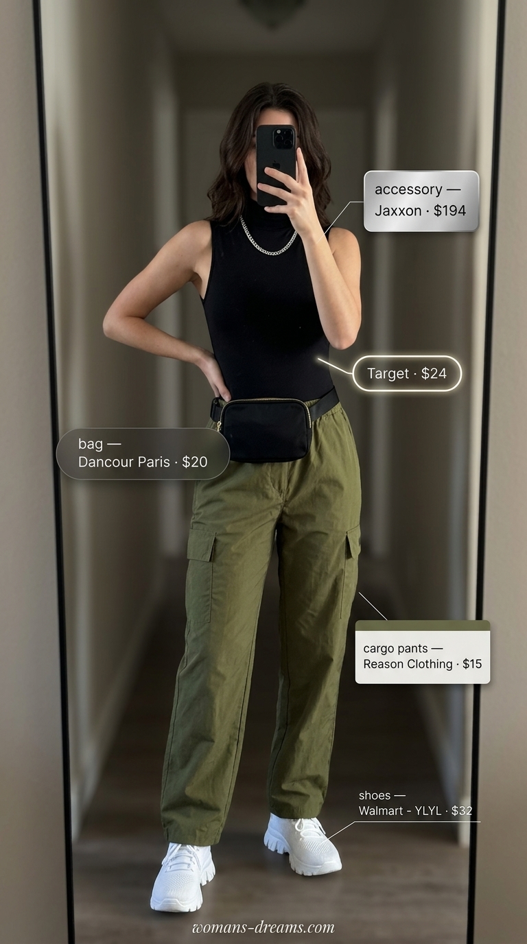 Summer outfits for women with brown hair 2026: Olive cargo pants, black bodysuit, chunky sneakers for urban exploration.