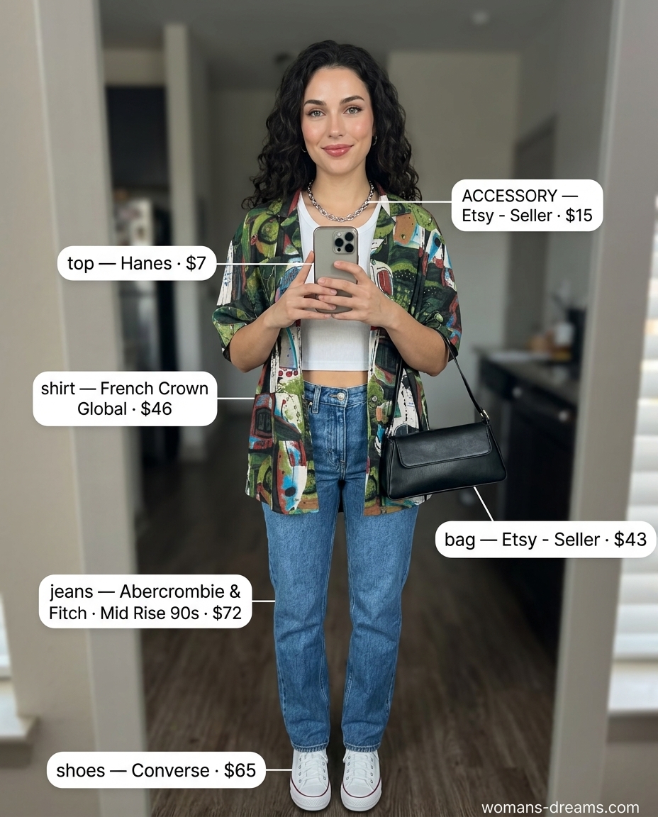 Summer outfits for women with brown hair 2026: Printed shirt, denim jeans, white sneakers for retro casual look.