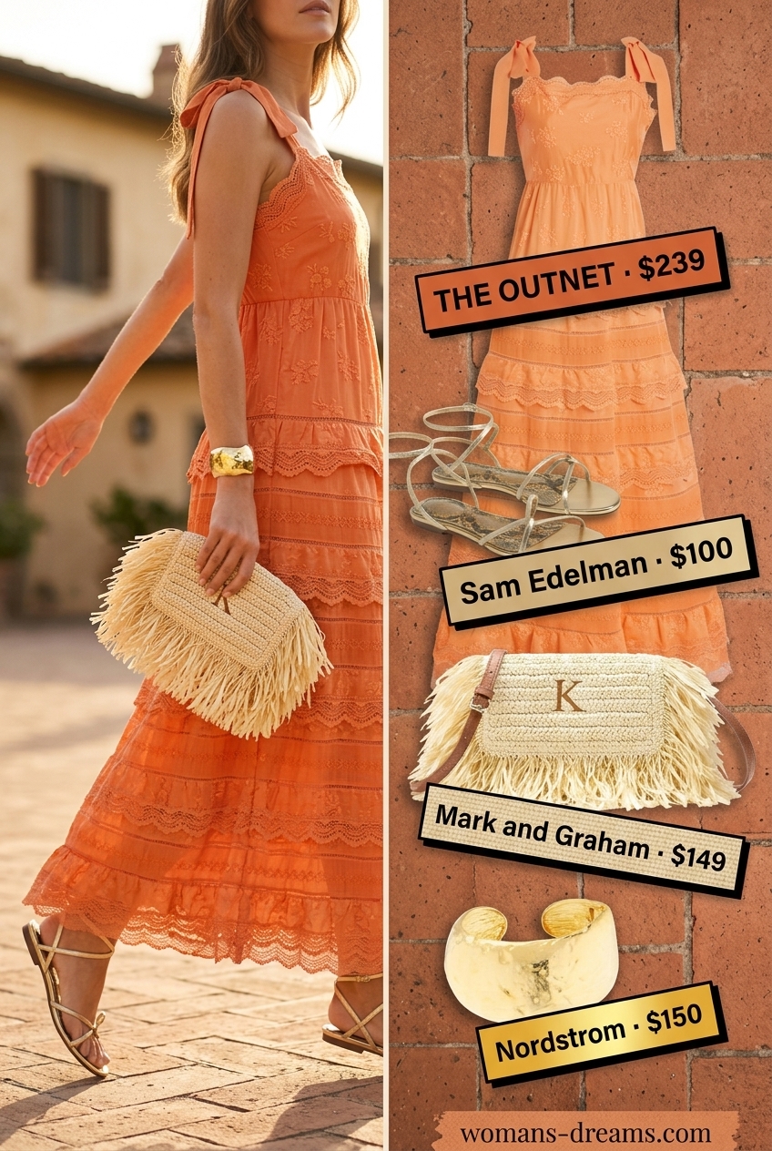 Summer outfits for women with brown hair 2026: Terracotta maxi dress, gold sandals for vacation dinner or date night.