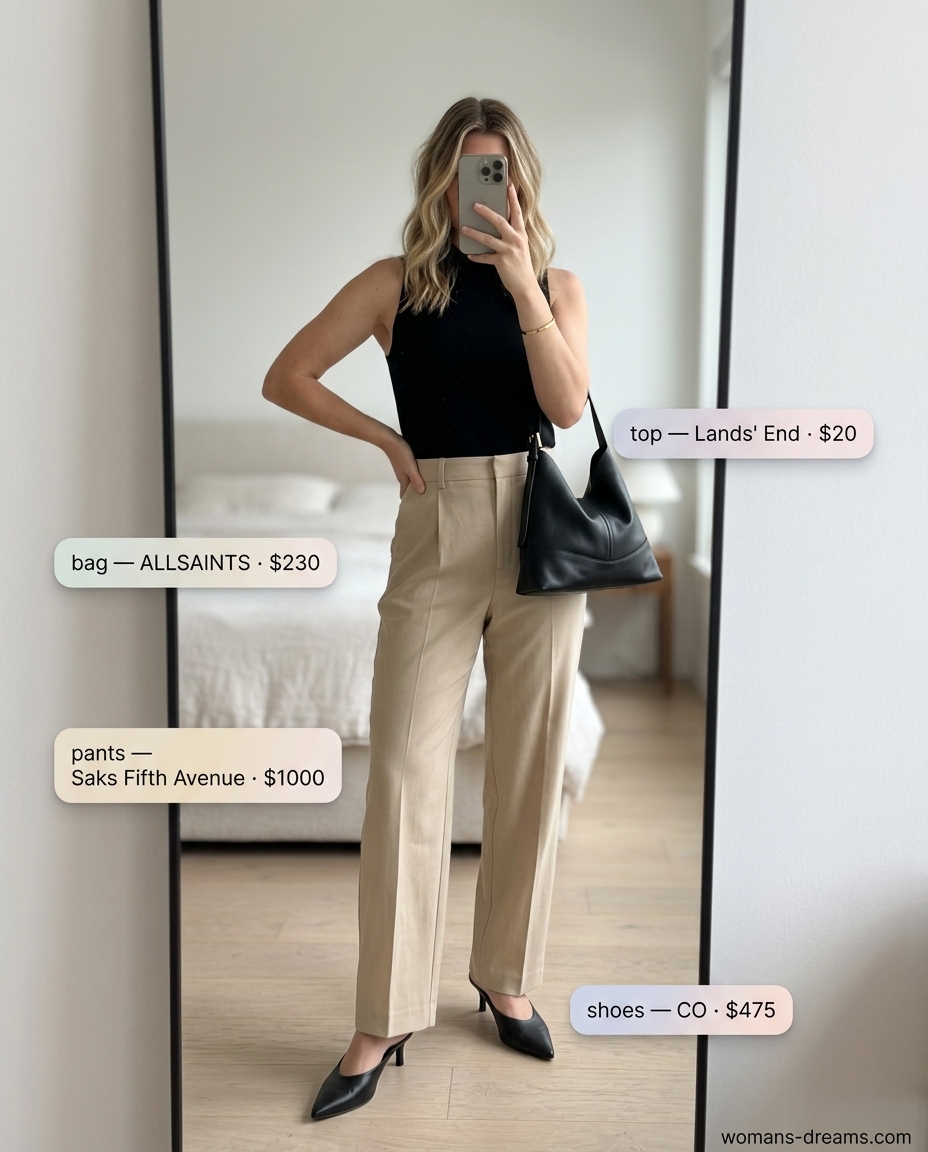 Summer outfits for women with brown hair 2026: Beige tailored pants, black mock neck top, mules for smart casual.