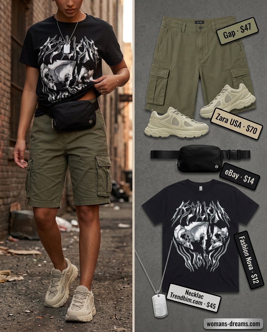 Summer outfits for women with brown hair 2026: Olive green cargo shorts, graphic tee, belt bag, and sneakers for city outings.