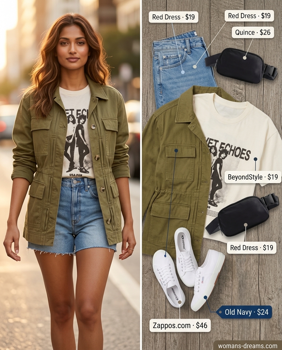 Summer outfits for women with brown hair 2026: Denim shorts, graphic tee, utility jacket, and white sneakers for city exploration.