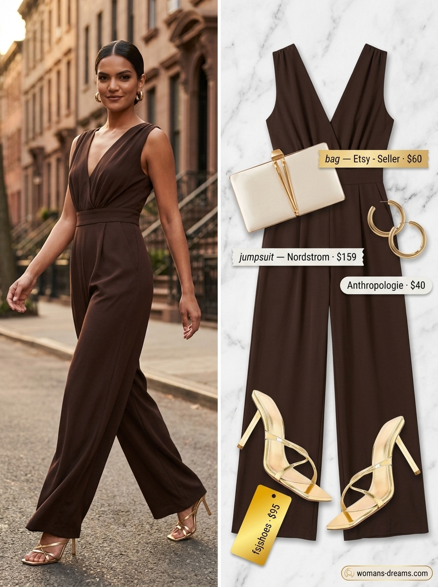 Summer outfits for women with brown hair 2026: Chocolate brown wide-leg jumpsuit, gold mules, and gold hoops for date night.