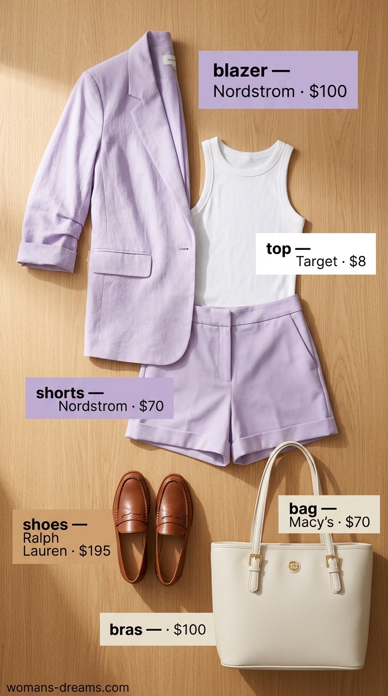 Summer outfits for women with brown hair 2026: Lavender linen suit with white tank and tan loafers for business casual.