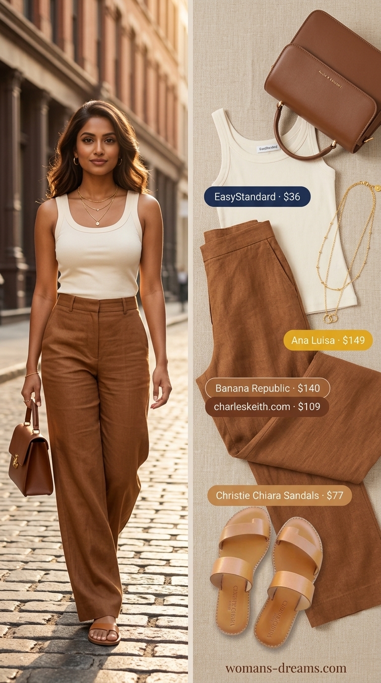 Summer outfits for women with brown hair 2026: Caramel linen pants, cream ribbed tank, gold necklaces, and leather sandals.