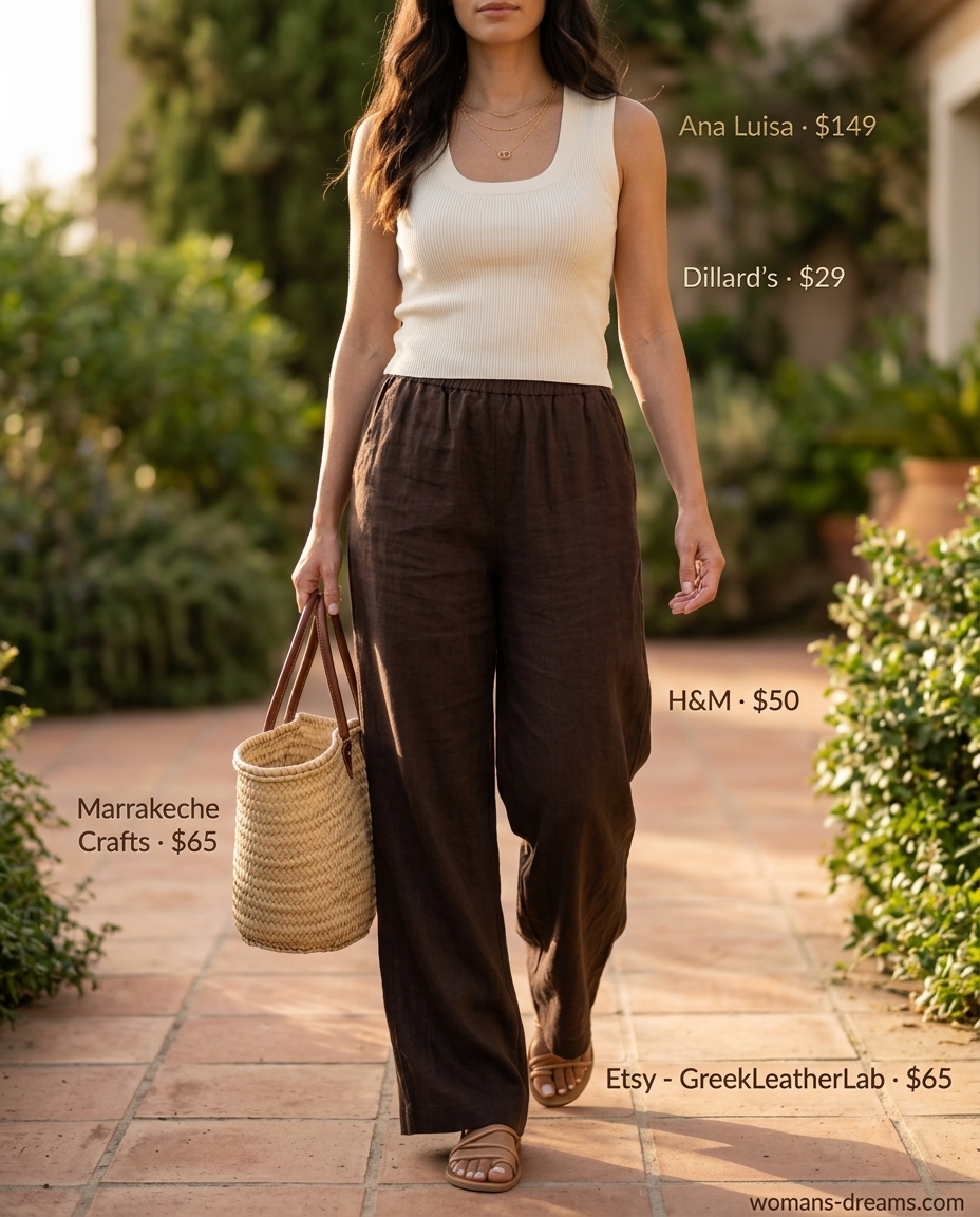 Summer outfits for women with brown hair 2026: Chocolate brown linen pants, cream ribbed tank, gold necklace, straw tote, and sandals.