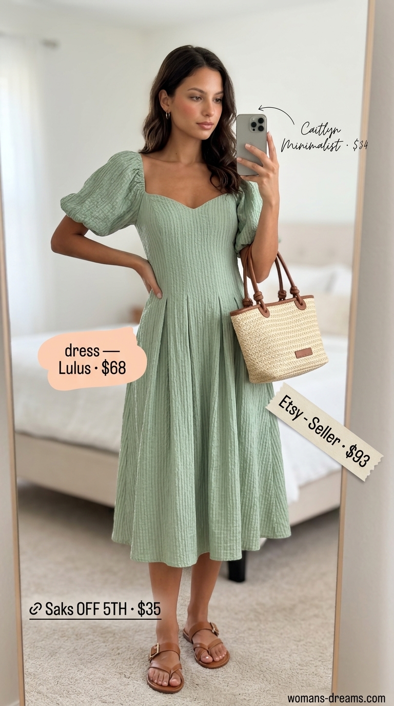 Summer outfits for women with brown hair 2026: Sage green midi dress, tan slides, straw crossbody, and gold hoops for casual days.