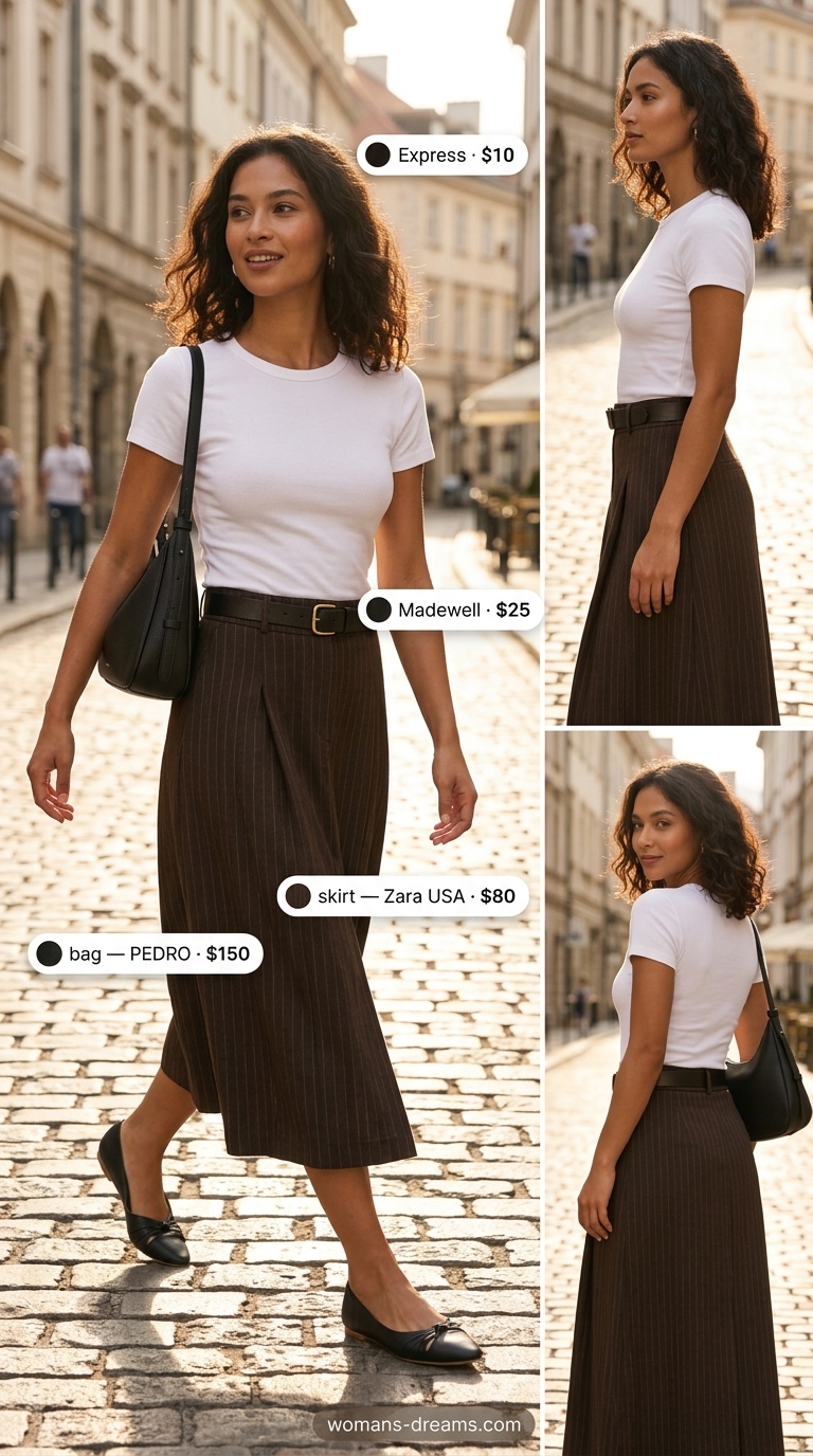 Summer outfits for women with brown hair 2026: Espresso brown midi skirt, black knit top, leather belt, and ballet flats for office casual.