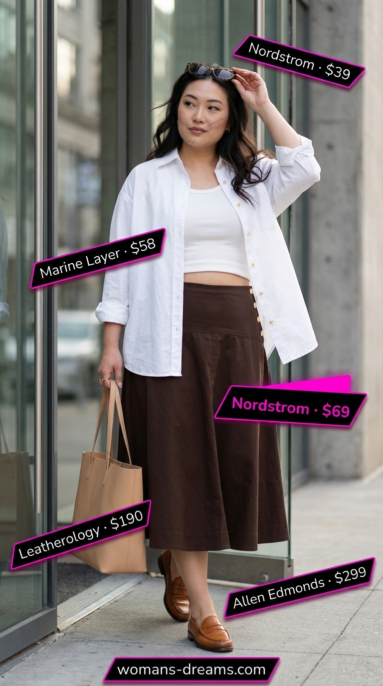 Summer outfits for women with brown hair 2026: Espresso brown midi skirt, white oversized shirt, loafers, and tote for smart casual.