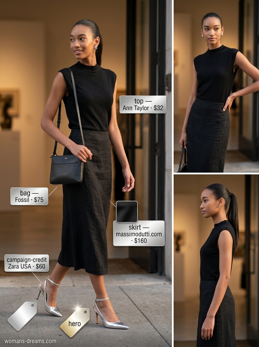 Summer outfits for women with brown hair 2026: Black linen skirt, mock neck top, silver heels for art gallery.