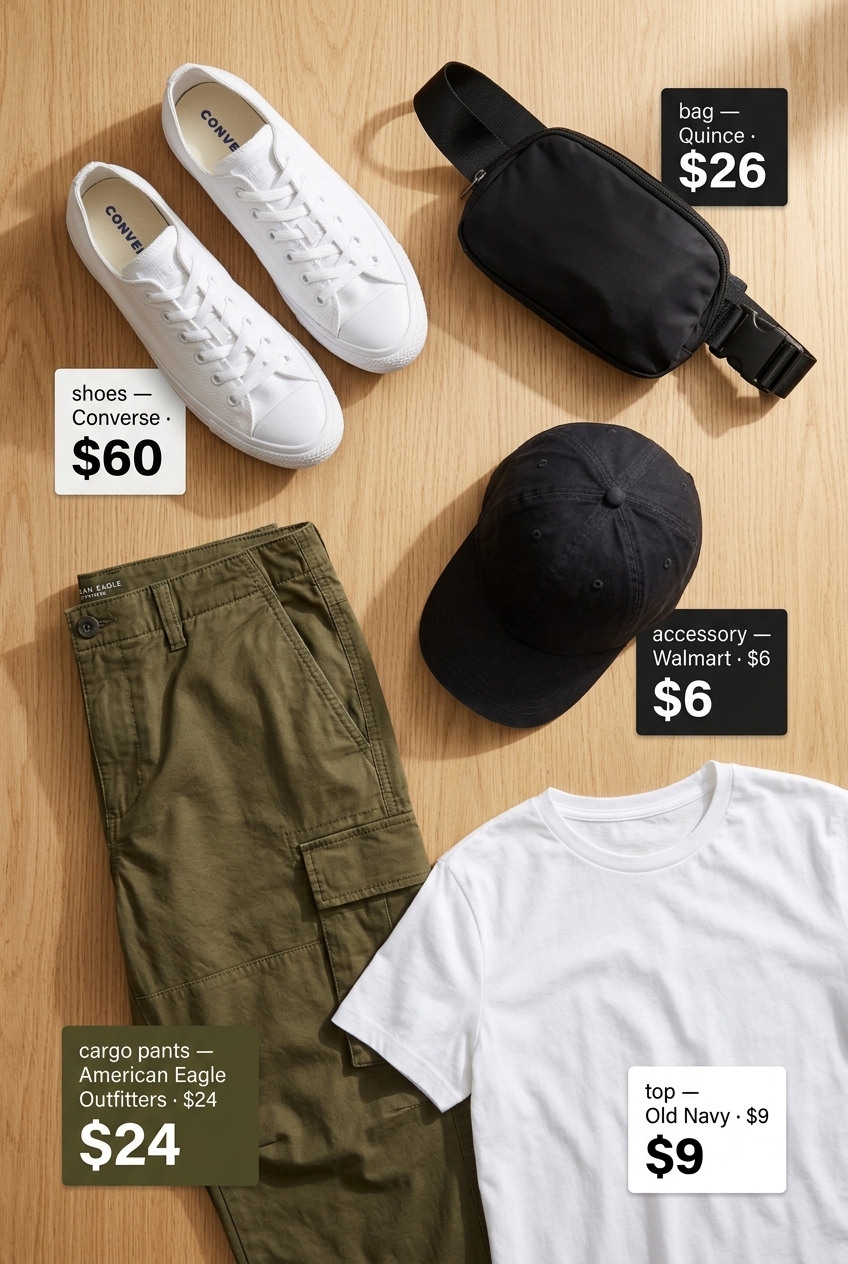 Summer outfits for women with brown hair 2026: Olive green cargo pants, white tee, black cap & belt bag for casual.