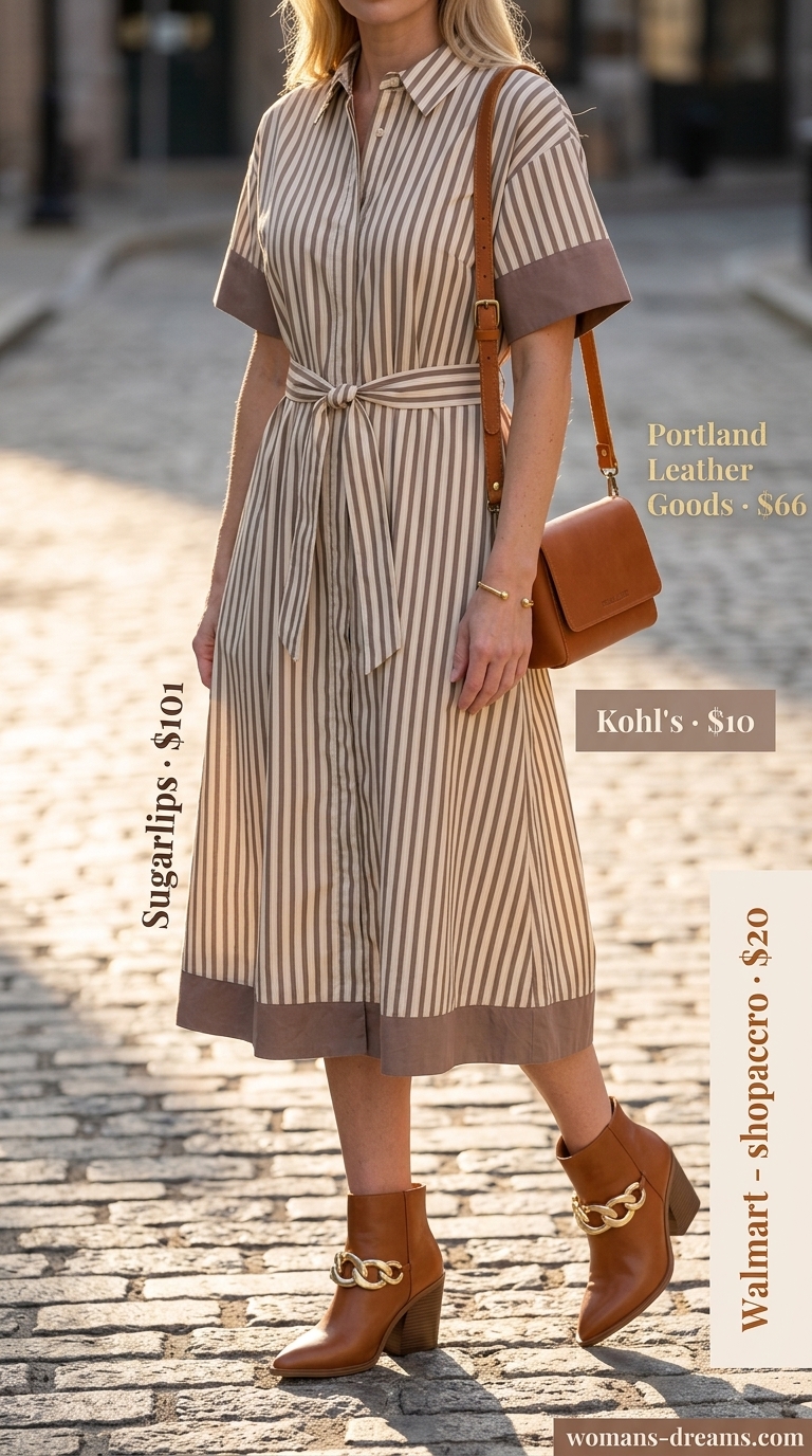 Summer outfits for women with brown hair 2026: Muted brown striped shirtdress with tan crossbody and ankle boots.
