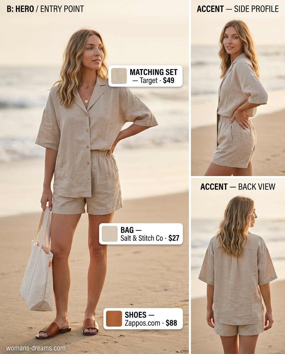 Summer outfits for women with brown hair 2026: Taupe linen shorts set with straw hat and leather slides.