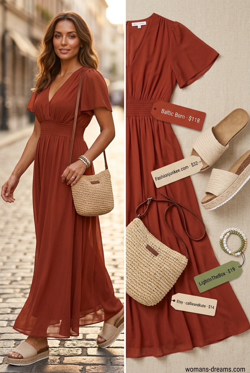 Summer outfits for women with brown hair 2026: Terracotta maxi dress with espadrilles and straw bag for vacation.