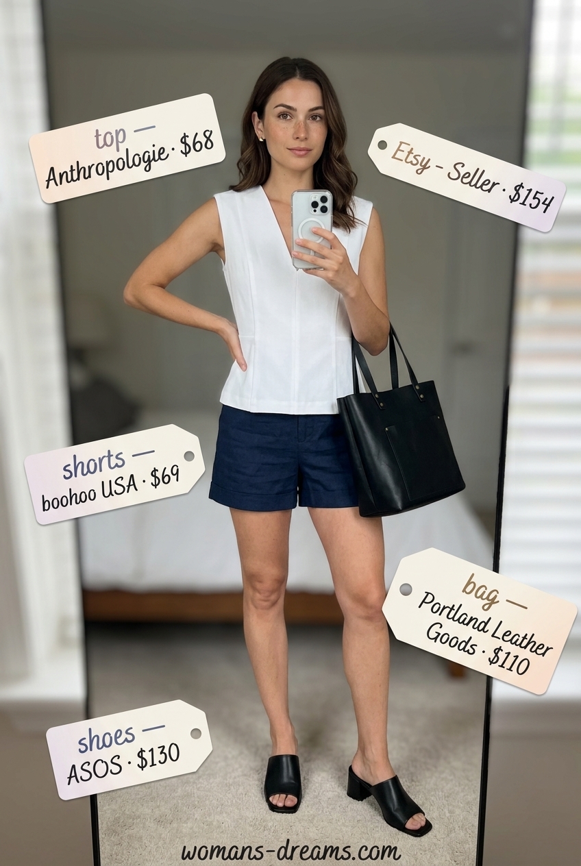 Summer outfits for women with brunette hair 2026: Navy tailored shorts, white sleeveless blouse, black mules, structured tote, gold earrings.