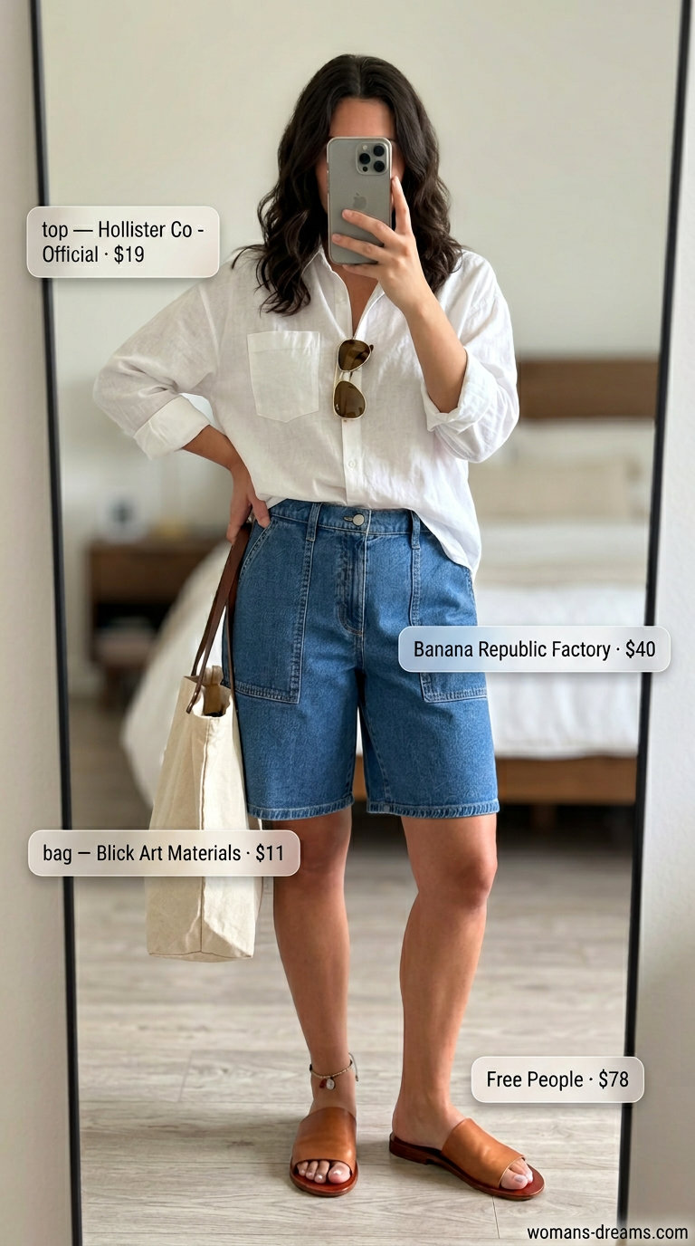 Summer outfits for women with brunette hair 2026: Denim Bermuda shorts, white linen shirt, tan slides, aviator sunglasses, canvas tote.