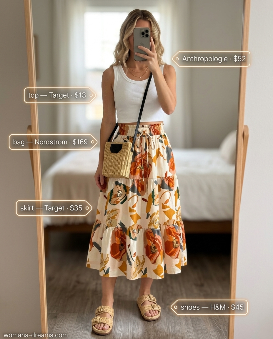 Summer outfits for women with brunette hair 2026: Floral midi skirt, white crop tank, tan espadrilles, straw crossbody, layered necklaces.