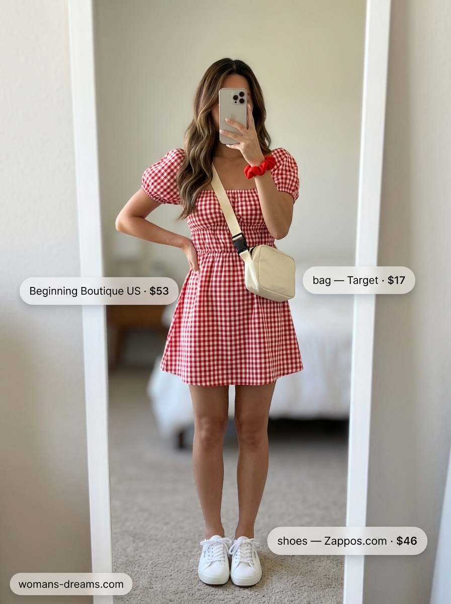 Summer outfits for women with brunette hair 2026: Red gingham mini dress, white sneakers, canvas crossbody, red scrunchie.