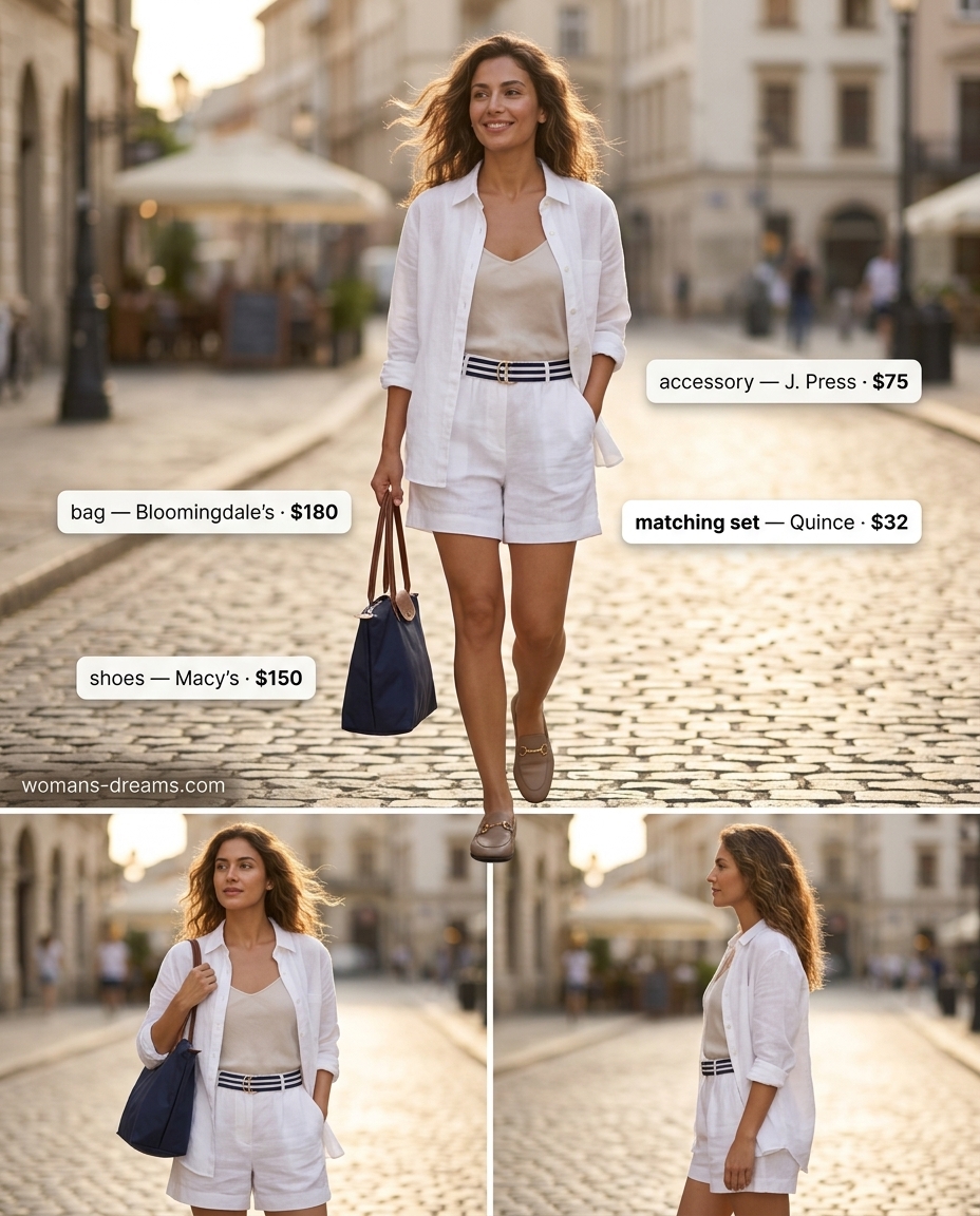 Summer outfits for women with brunette hair 2026: White linen shorts set, navy button-down, tan loafers, navy tote, striped belt.