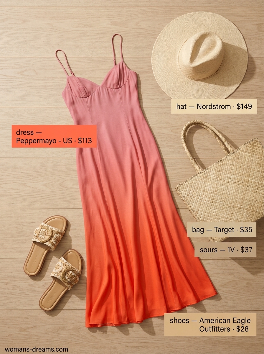Summer outfits for women with brunette hair 2026: Ombre maxi dress, woven slide sandals, straw sun hat, straw tote bag.