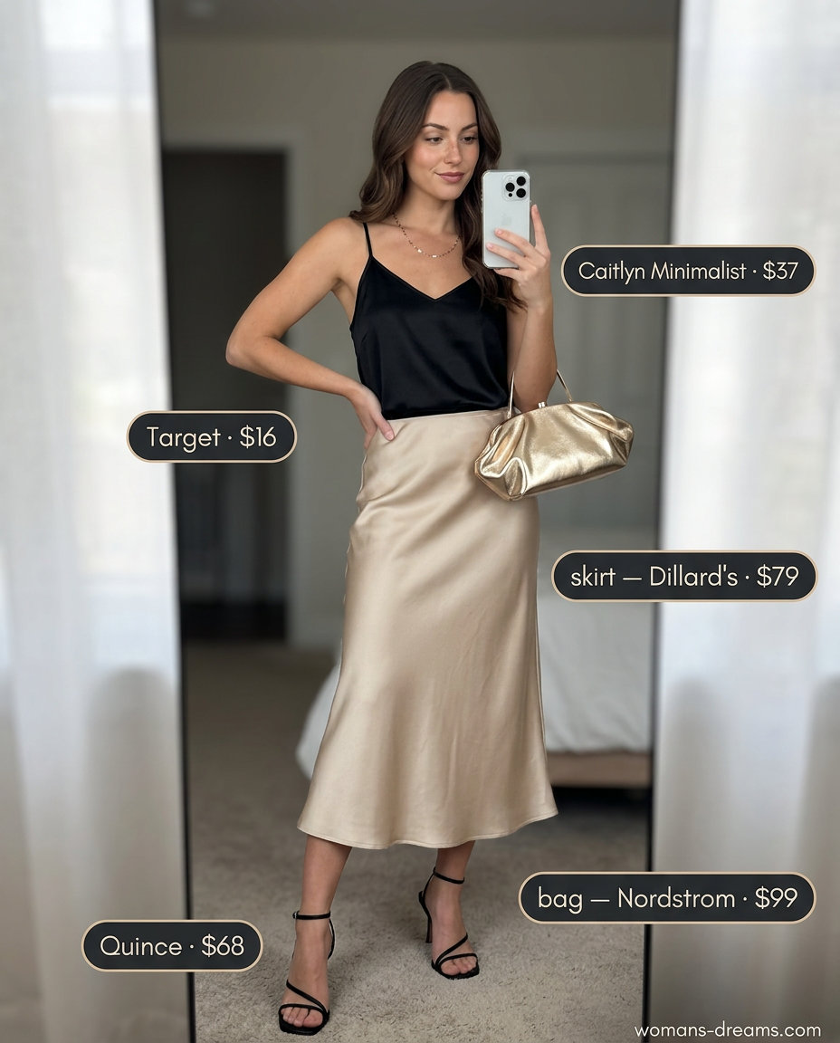 Summer outfits for women with brunette hair 2026: Champagne satin slip skirt, black camisole, strappy heels, gold necklace, gold clutch.
