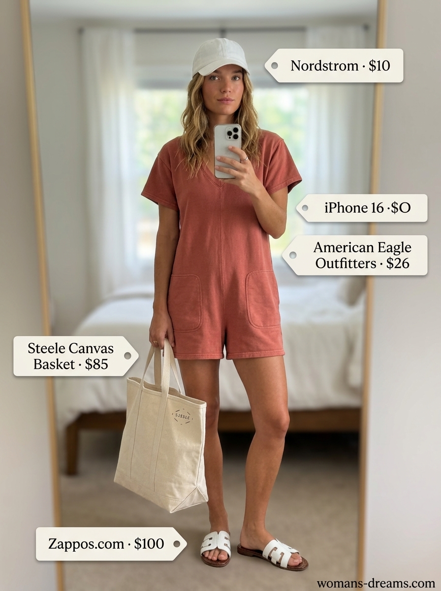 Summer outfits for women with brunette hair 2026: Terra cotta romper, white slide sandals, white baseball cap, canvas tote.
