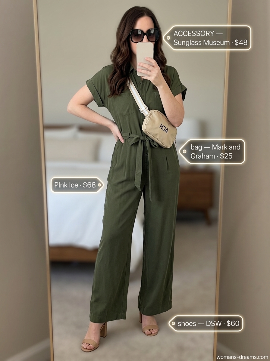 Summer outfits for women with brunette hair 2026: Olive green utility jumpsuit, white tank, tan sandals, black sunglasses, canvas belt bag.