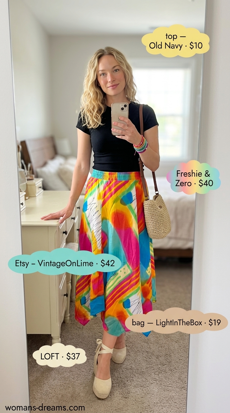 Bohemian midi skirt outfit for summer for women with brunette hair 2026. Festival style.