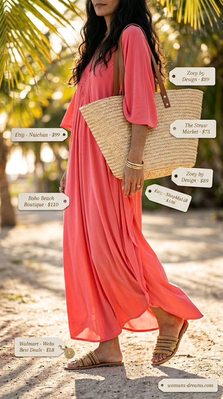 Summer outfits for women with brunette hair 2026: Coral maxi caftan dress, gold bangles, and straw tote for resort wear.