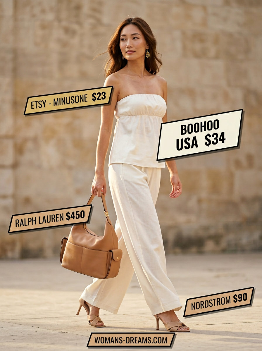 Summer outfits for women with brunette hair 2026: White linen co-ord set, tan sandals, and leather bag for brunch.
