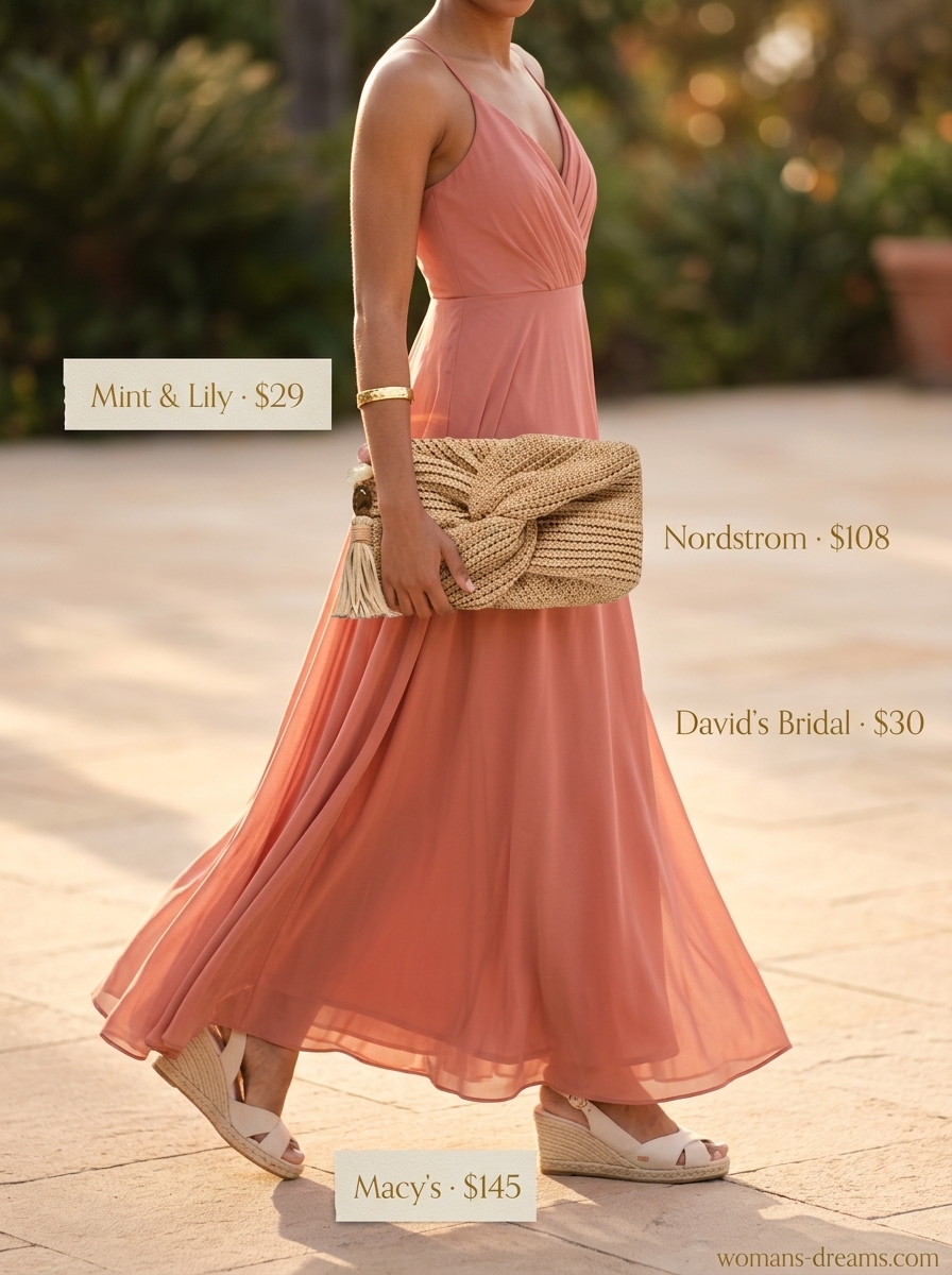 Coral maxi dress outfit for summer for women with brunette hair 2026. Resort wear style.