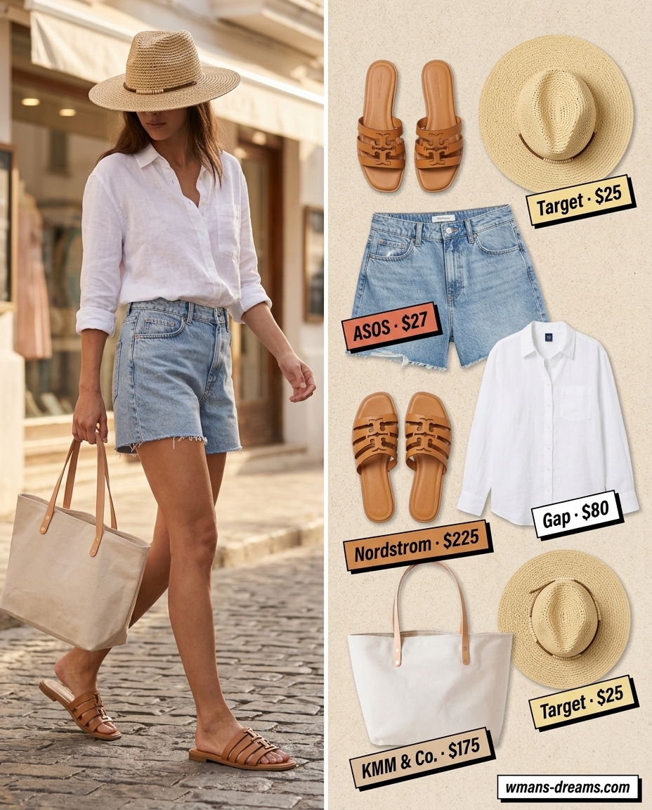 Summer outfits for women with brunette hair 2026: Light blue denim shorts, white linen shirt, straw hat for casual outing.