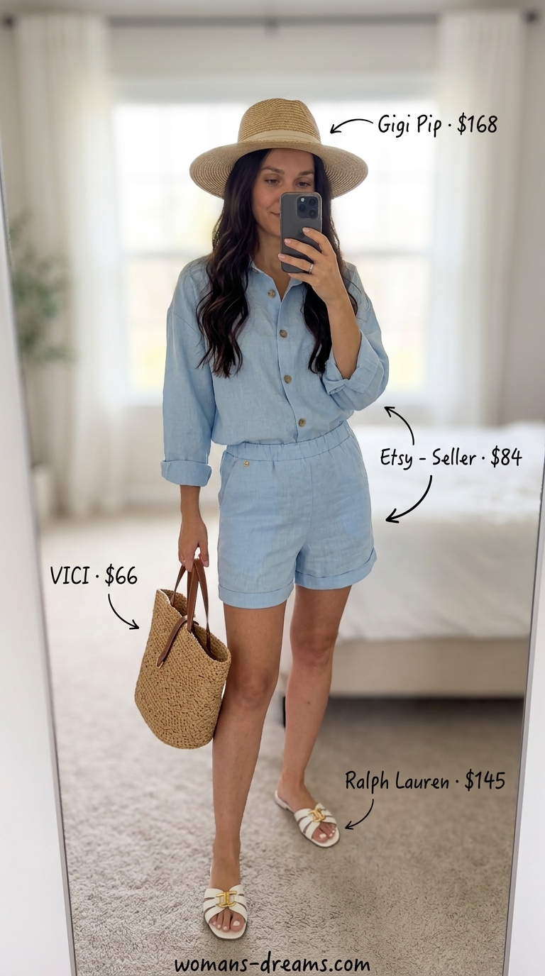 Linen button-down set outfit for summer for women with brunette hair 2026. Beach day style.