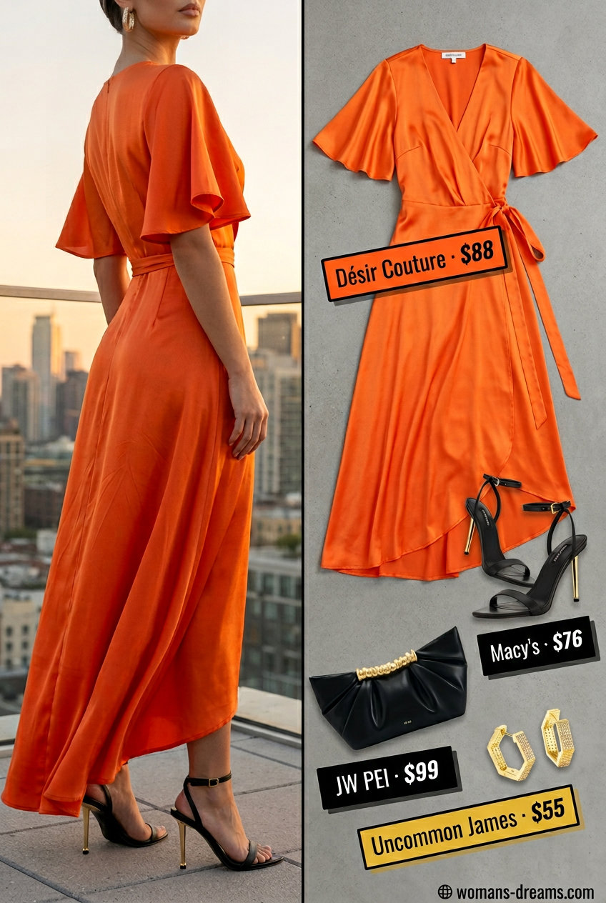 Summer outfits for women with brunette hair 2026: Mango orange wrap dress, black heels, gold hoops for rooftop dinner.