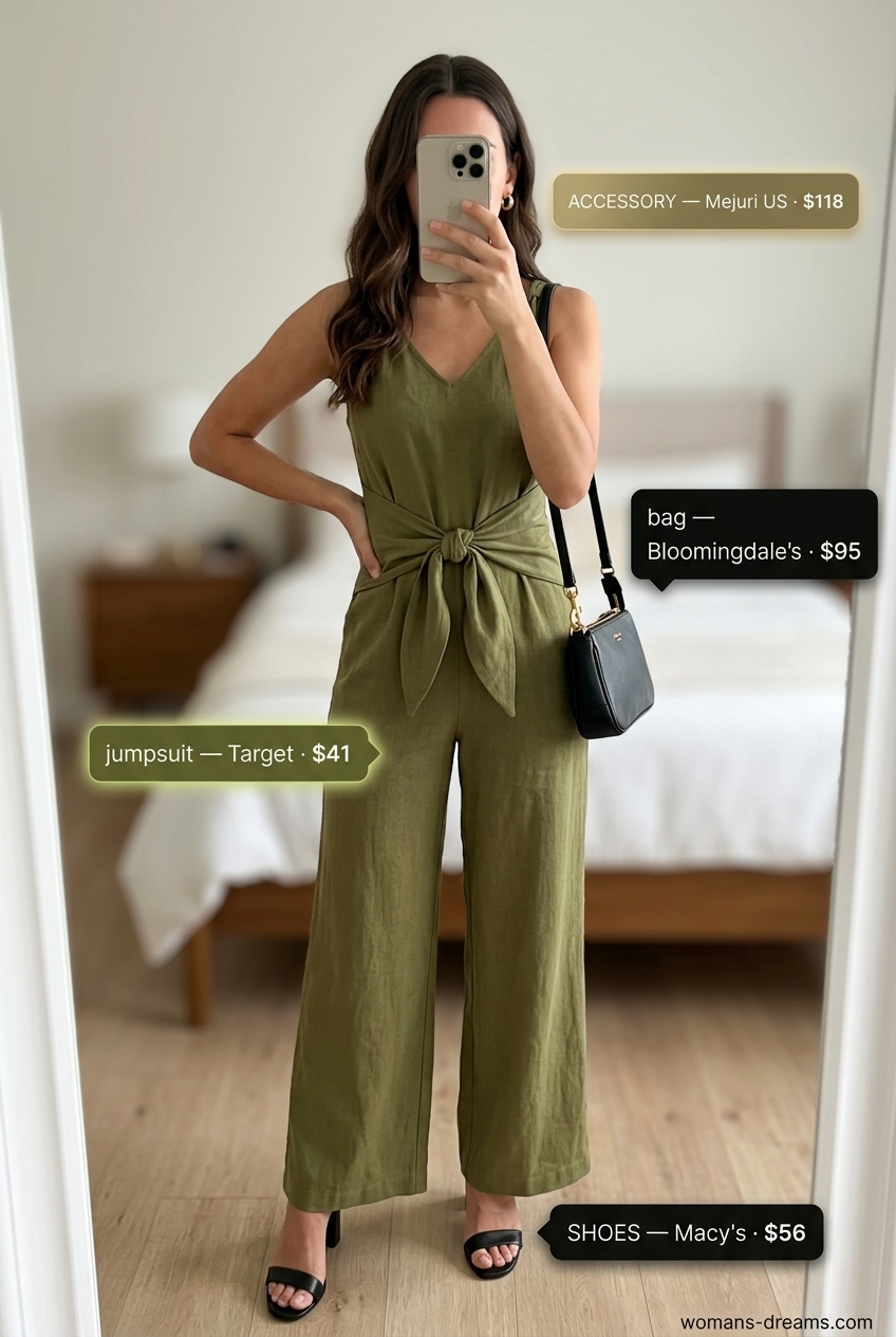 Olive green utility jumpsuit outfit for summer for women with brunette hair 2026. Evening style.