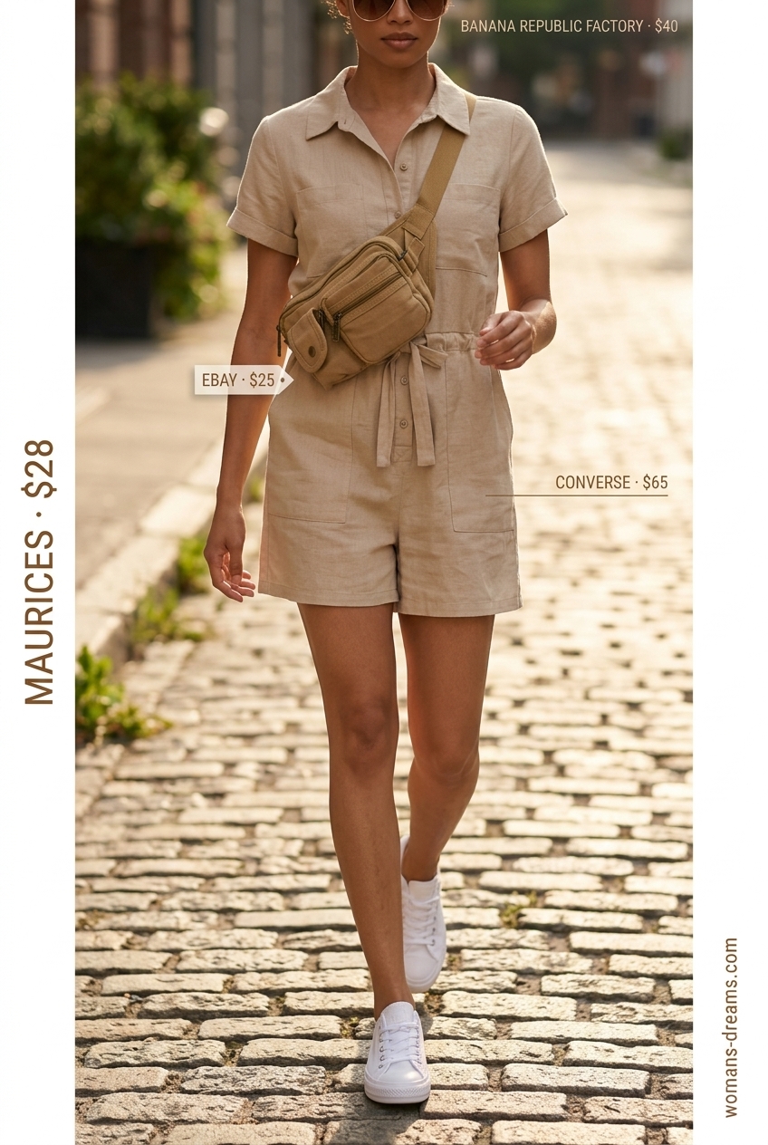 Summer outfits for women with brunette hair 2026: Khaki utility romper, white sneakers, and belt bag for casual daytime.