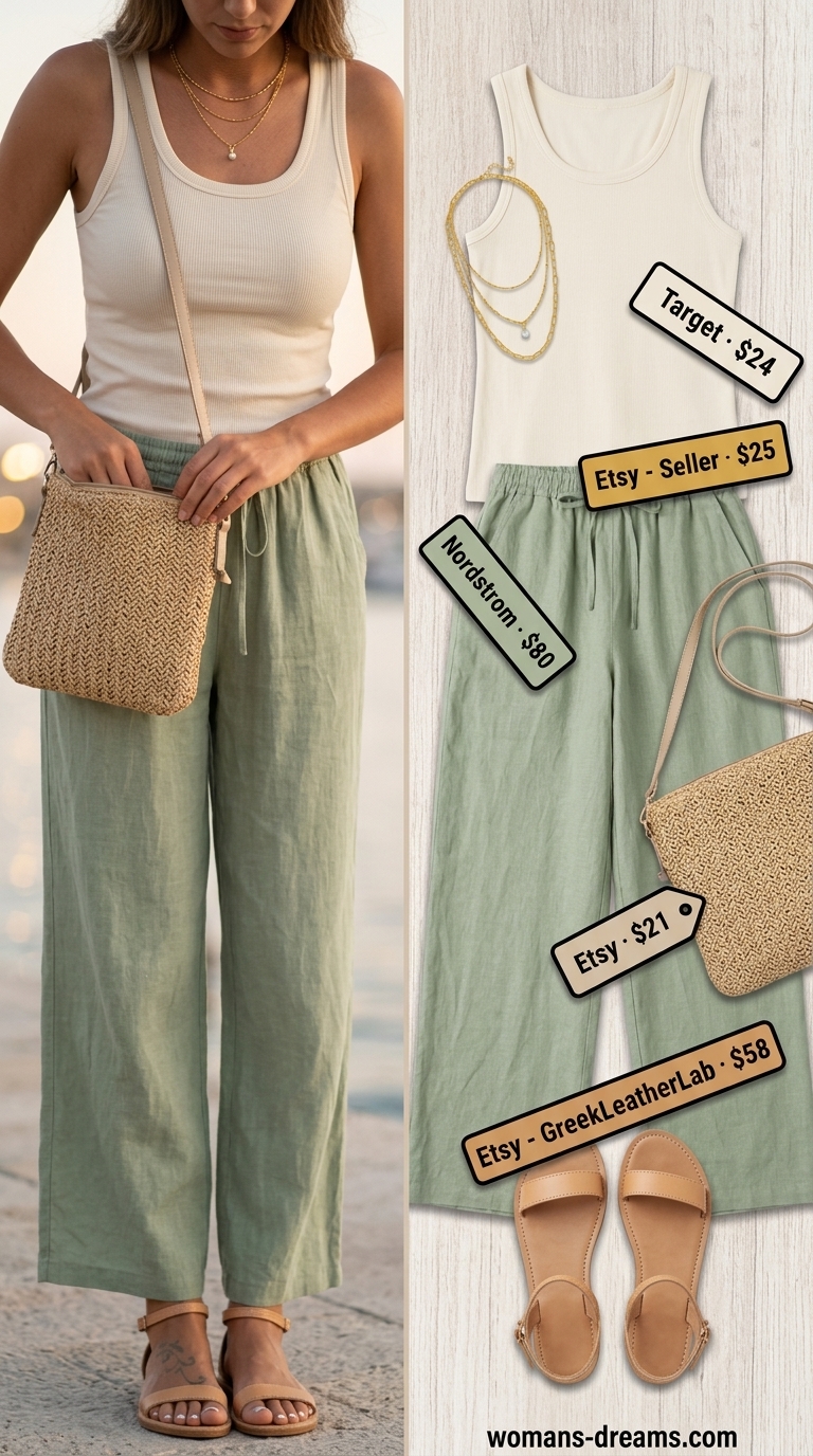 Sage green linen pants outfit for summer for women with brunette hair 2026. Casual evening look.