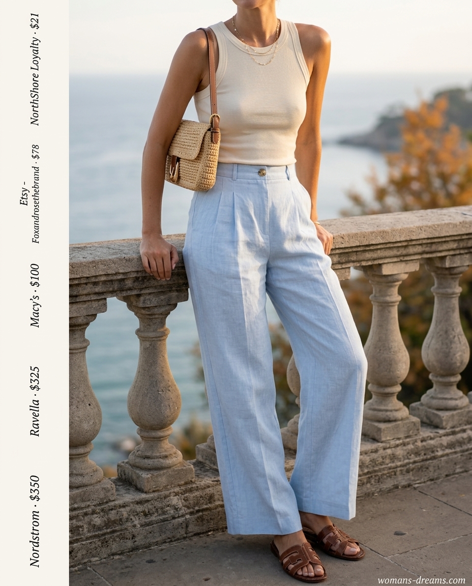 Sky blue linen pants outfit for summer for women with brunette hair 2026. Beach brunch style.