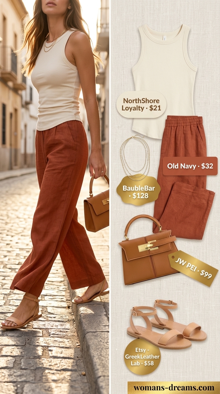 Terracotta linen pants outfit for summer for women with brunette hair 2026. Chic travel style.
