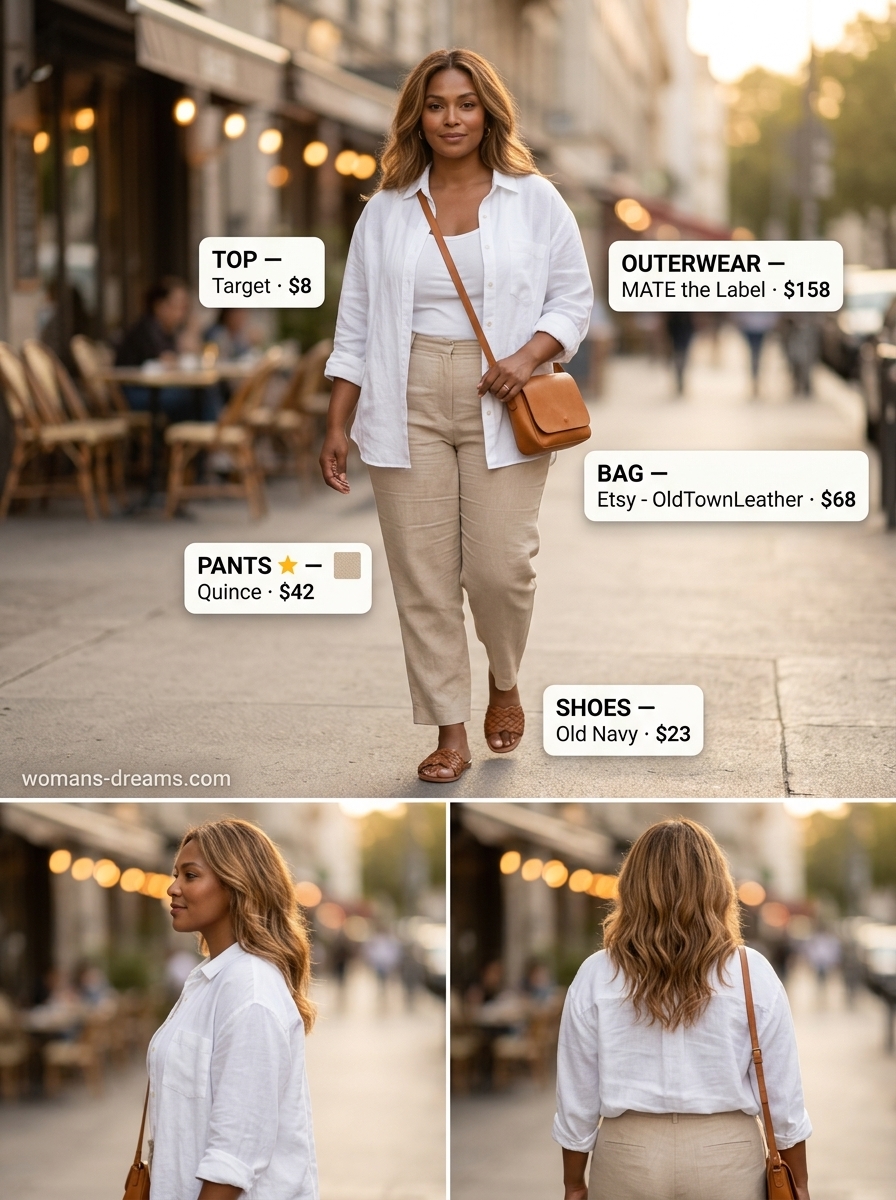Summer outfits for women with caramel hair 2026: Beige linen pants, oversized shirt, slide sandals for travel.