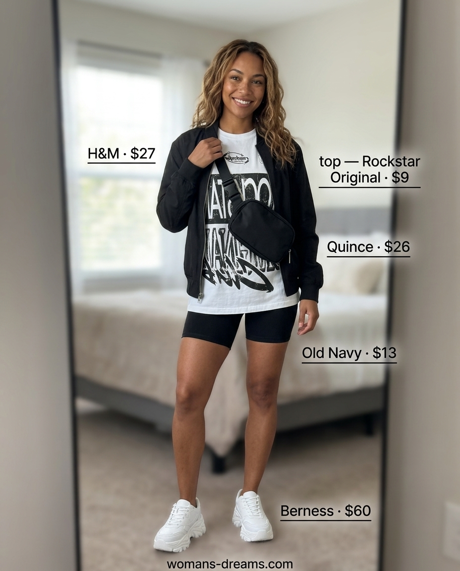 Summer outfits for women with caramel hair 2026: Biker shorts, graphic tee, bomber jacket, and sneakers for sporty look.