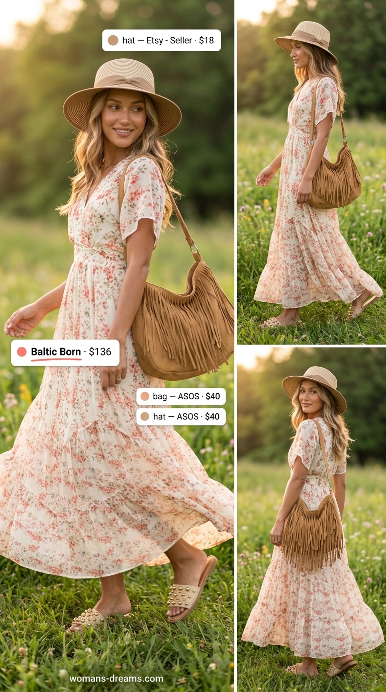 Summer outfits for women with caramel hair 2026: Boho floral maxi dress, straw hat, and fringe bag for festivals.