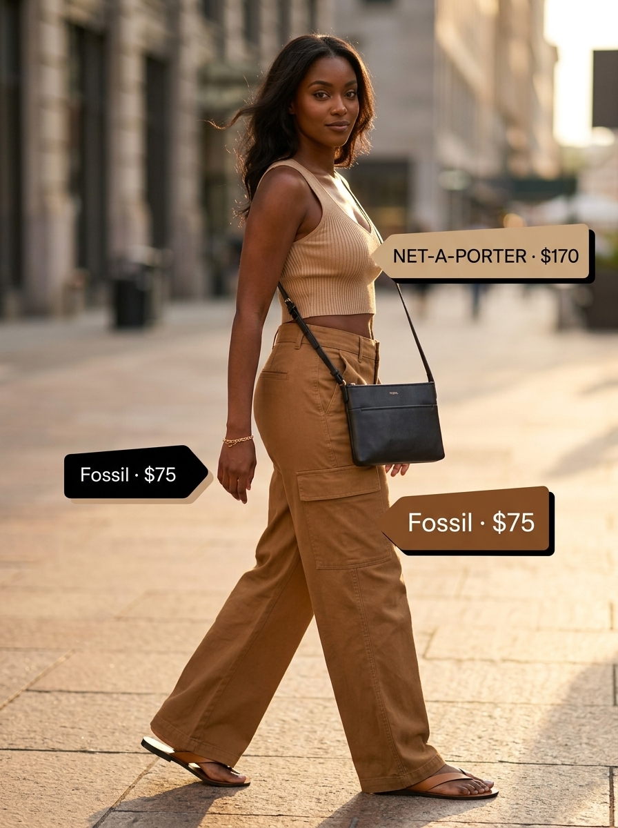 Summer outfits for women with caramel hair 2026: Camel cargo pants, black bodysuit, flat sandals for casual day.