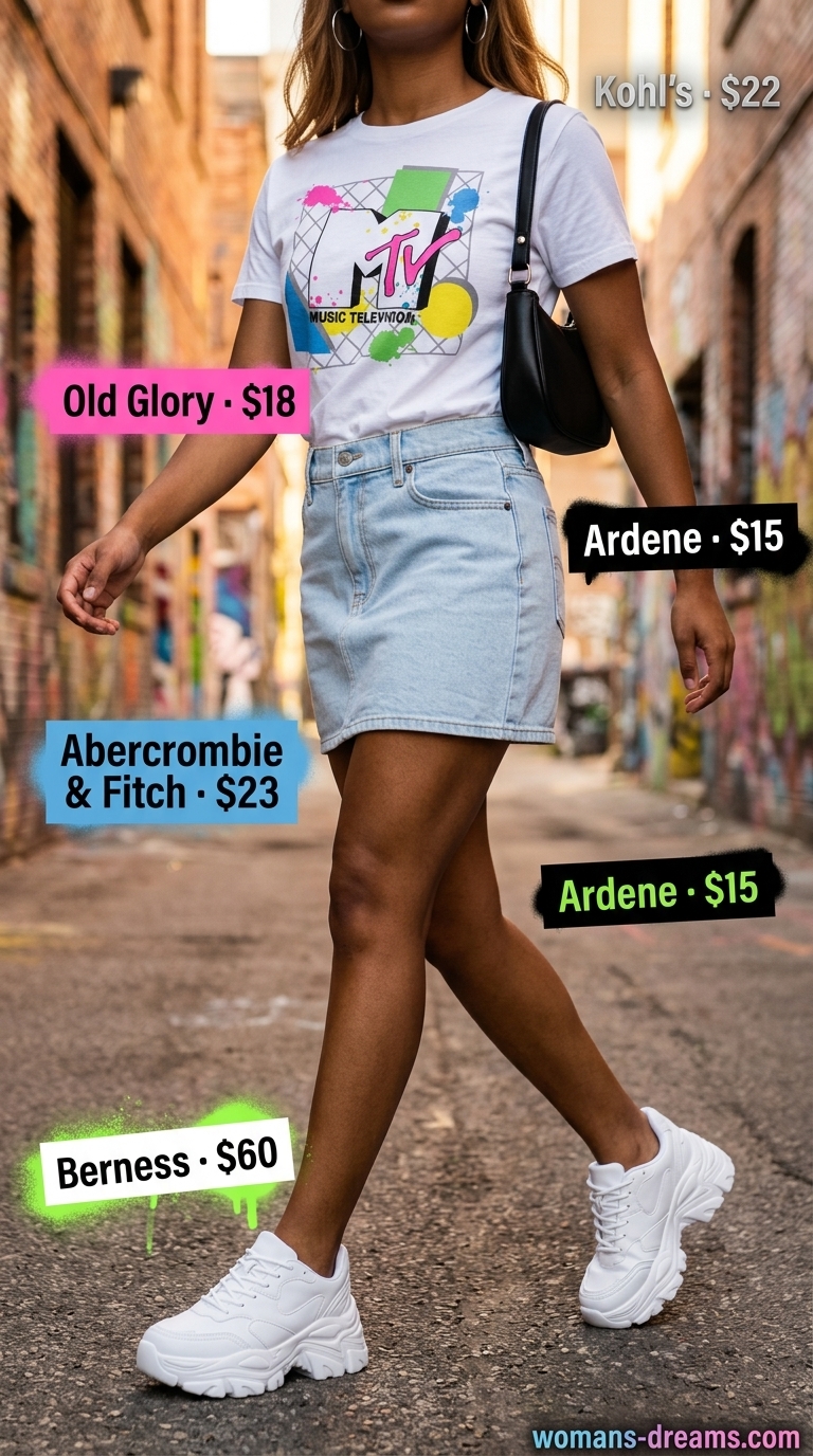 Summer outfits for women with caramel hair 2026: Denim mini skirt, graphic tee, and platform sneakers for retro vibes.
