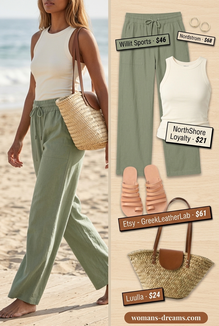 Summer outfits for women with caramel hair 2026: Sage green linen pants, cream tank, and slides for coastal style.