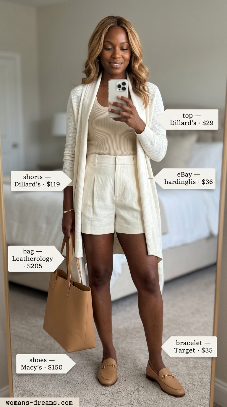Summer outfits for women with caramel hair 2026: Chic cream linen shorts, beige knit tank, and gold accents for errands.
