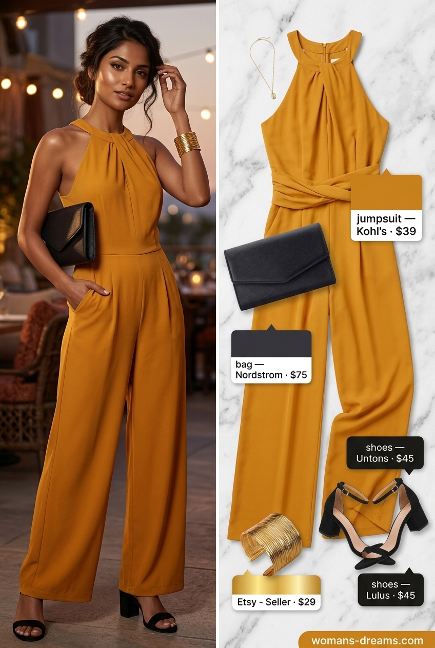 Summer outfits for women with caramel hair 2026: Ochre halter jumpsuit, black clutch, gold cuff for cocktail party.