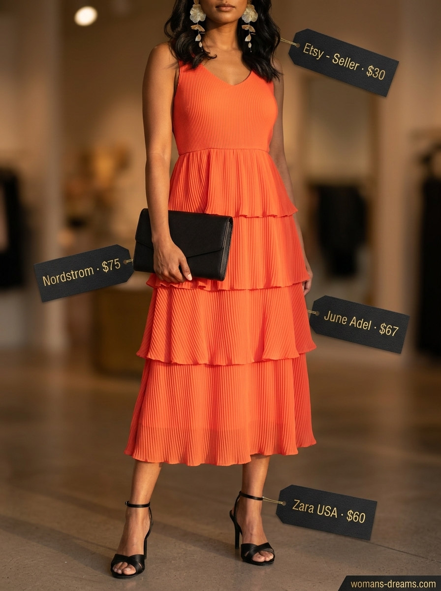 Summer outfits for women with caramel hair 2026: Sunset orange midi dress, black clutch, gold earrings for wedding guest.