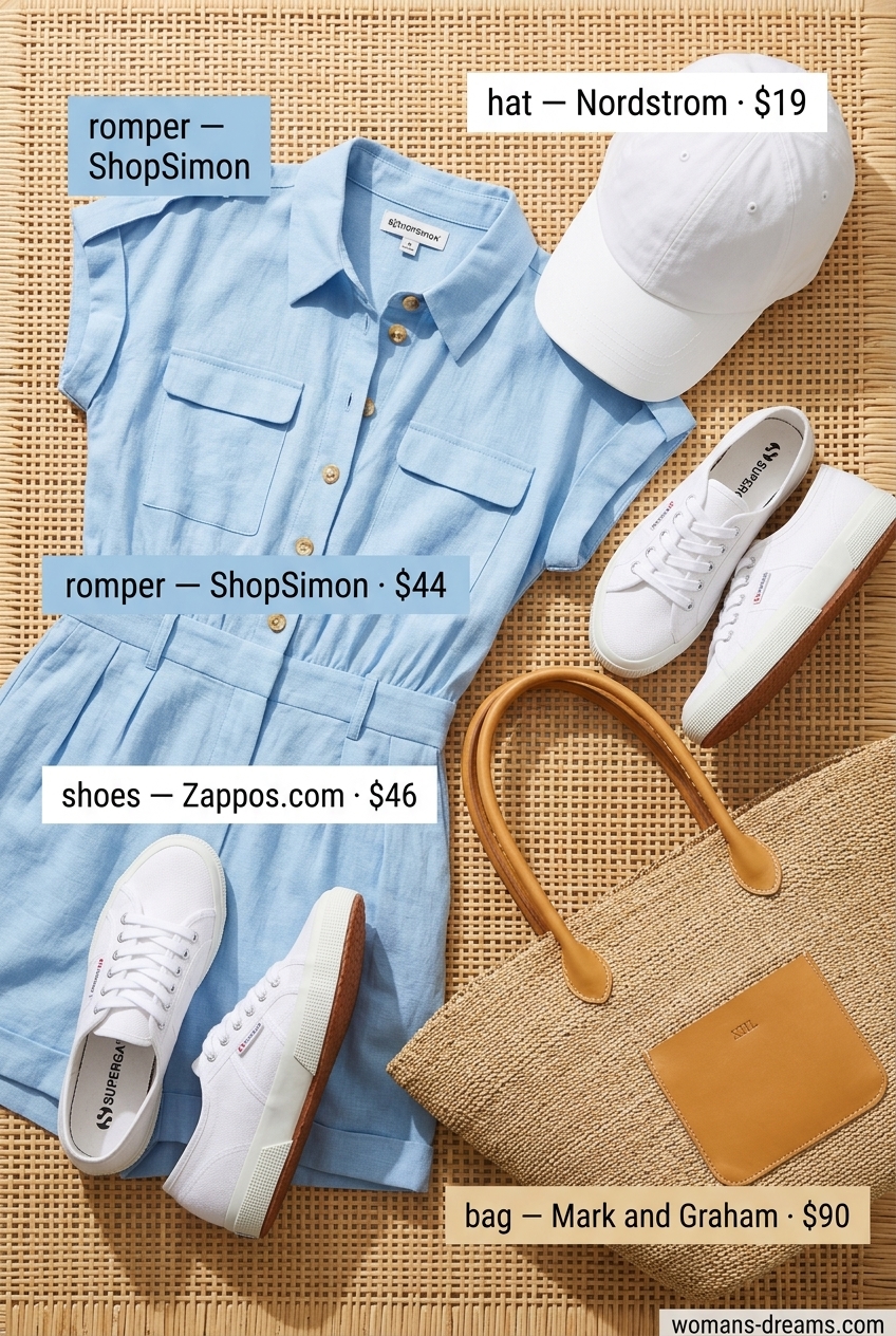 Summer outfits for women with caramel hair 2026: Sky blue romper, white cap, straw tote for beach resort.